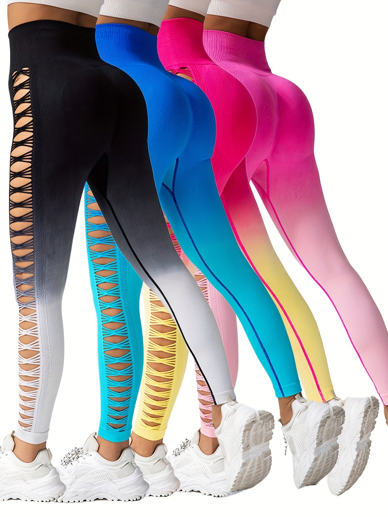 4 Pack Women's Gradient Butterfly Hollow Butt Lifting Yoga Leggings High Waisted Yoga Pants, Workout Gym And Casual Running Yoga Skinny Tights