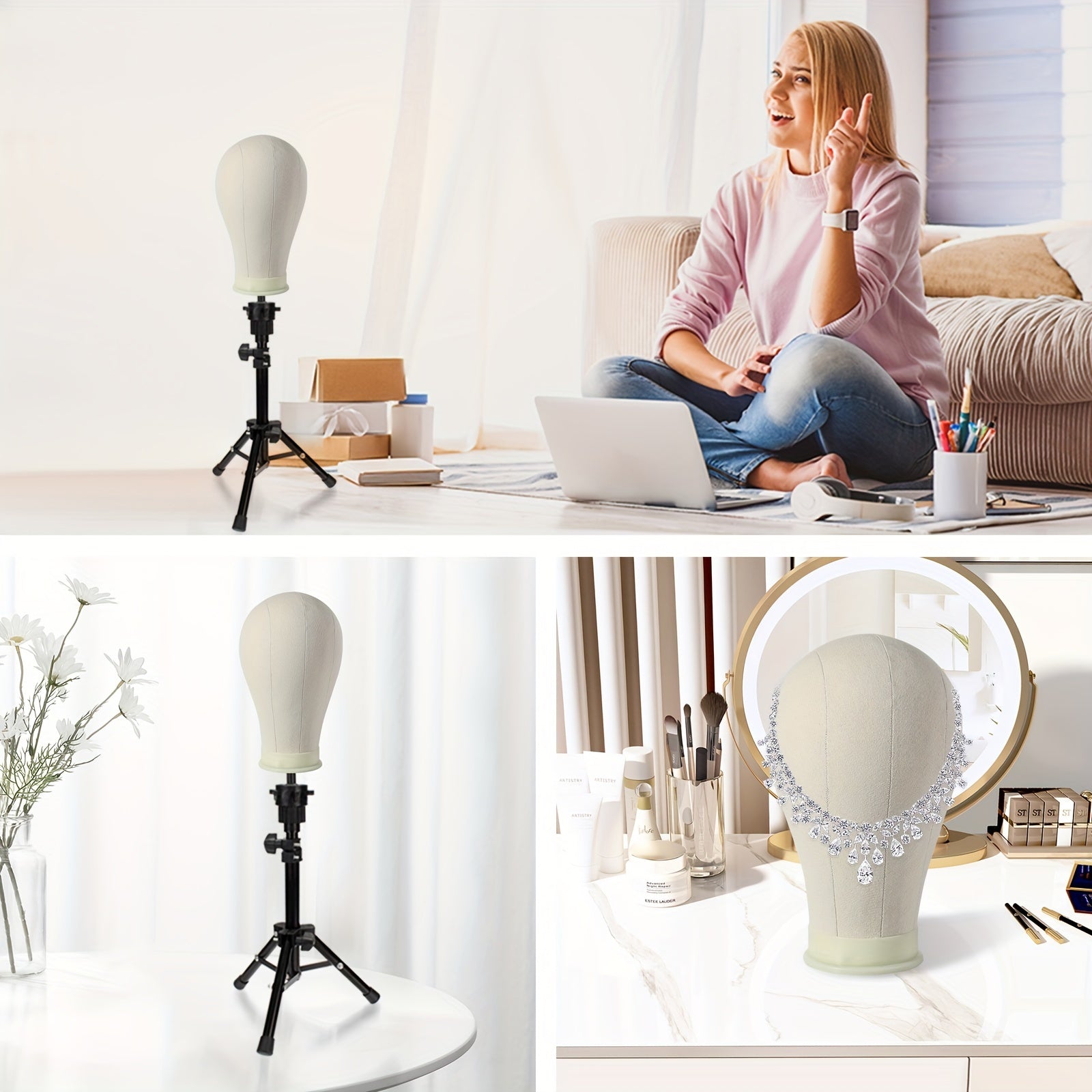 22Inch Canvas Wig Head With Stand, Wig Mannequin Head With Stand, Table Wig Stand Tripod With Head For Wigs Making Display