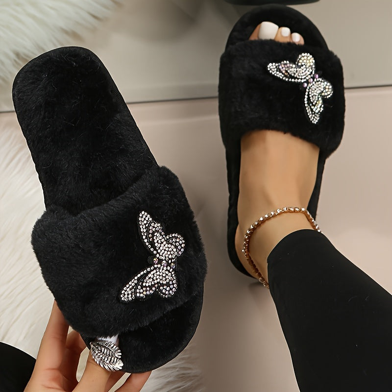 Rhinestone Butterfly Decor Home Warm Slippers, Soft Sole Platform Fluffy Non-slip Shoes, Bedroom Open Toe Plush Shoes