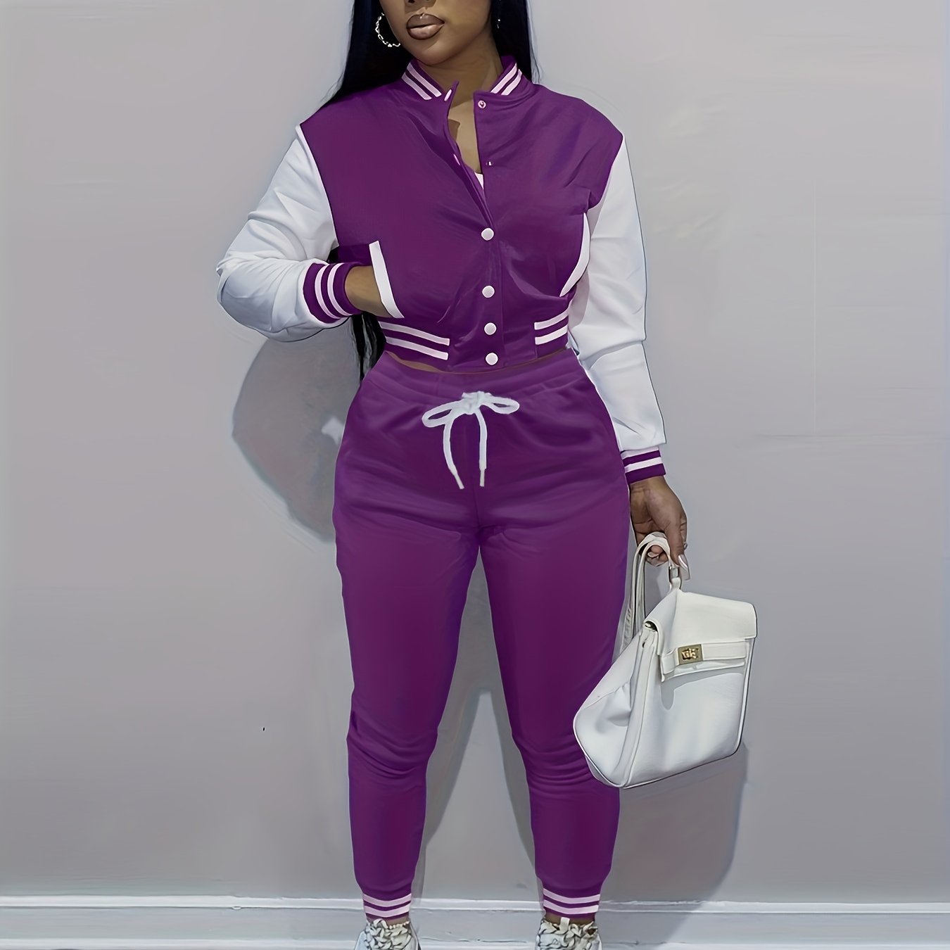 Casual Two-piece Set, Button Front Bomber Jacket & Drawstring Pants Outfits, Women's Clothing
