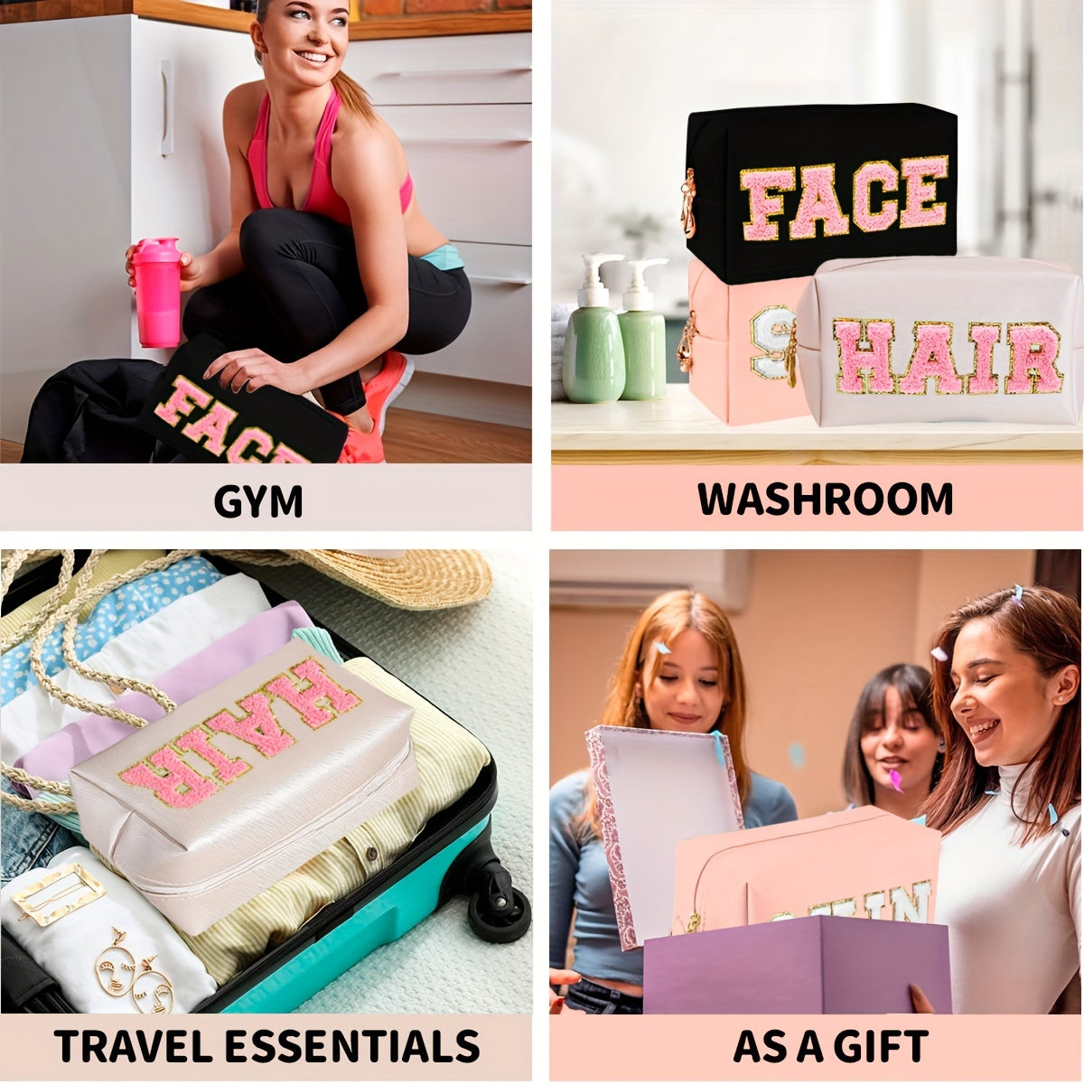 3pcs Letter Embroideried Makeup Bag, Toiletry Storage Bag with Zipper, Travel Organizer for Light Beige, Hair, And Face Care