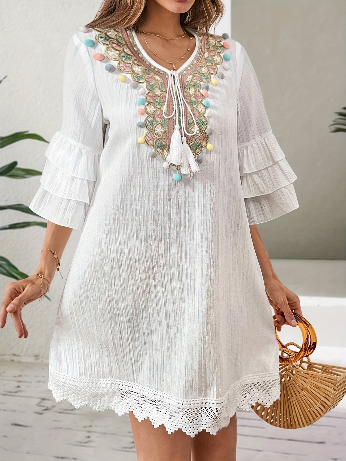 Women'S Fashion Embroidered Notched V-Neck Dress with Colorful Pom-Pom Detail, Ruffle Three Quarter Sleeves, Tassel Trim, Polyester 100%, Regular Fit, Woven Fabric, 120g/m², Spring/Summer/Fall A-Line Dress