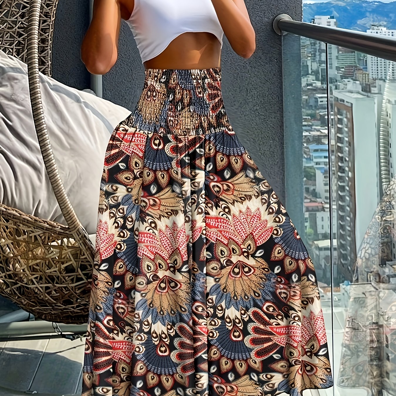 Women's Spring Summer Vacation Leisure High Waist Tribal Geometric Print Pleated Loose A-line Skirt Pants