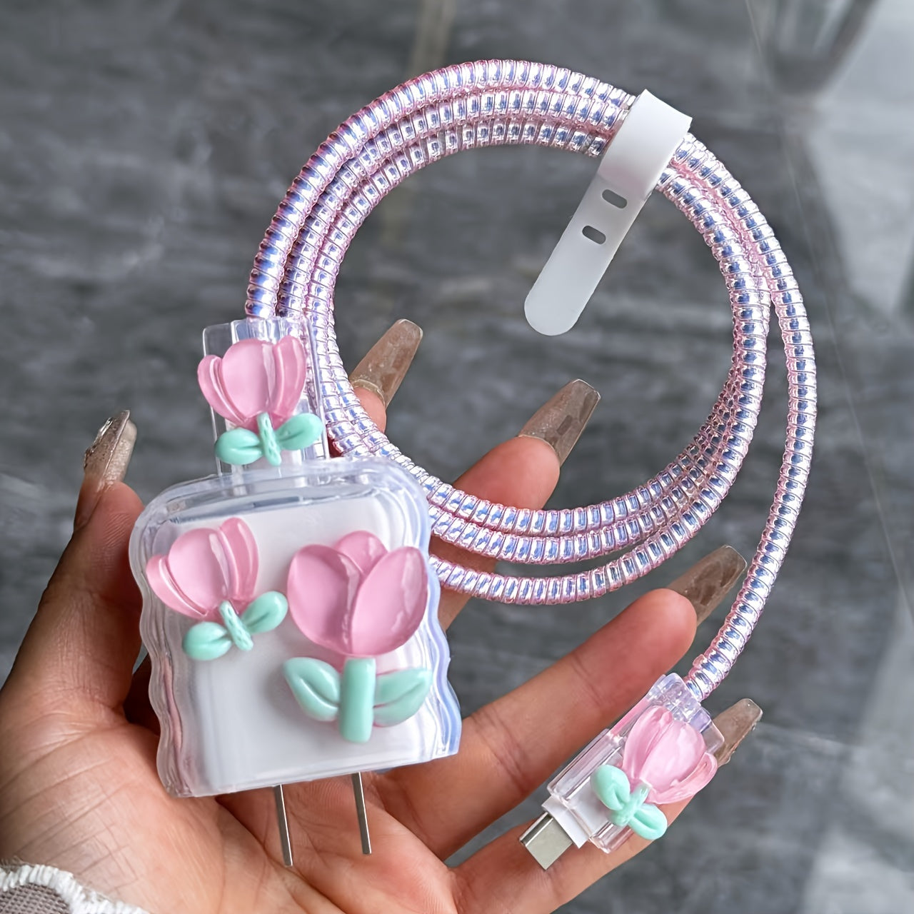 [TPU Tulip Case for iPhone Gift] 5pcs Set, 3D Tulip Flower Charger Case with Cable Holder, TPU Material, for iPhone, Ideal Gift for Girlfriend, No Battery Included
