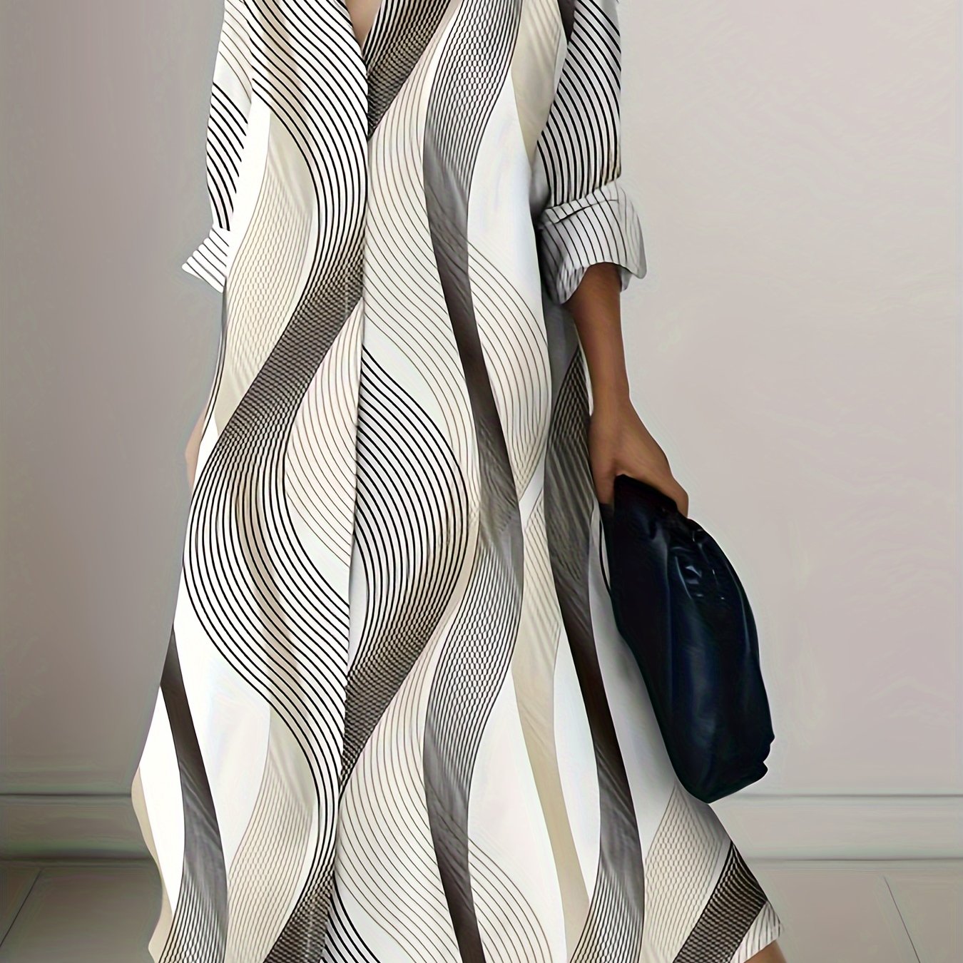 Geo Print Button Front Dress, Vacation Long Sleeve Shirt Dress, Women's Clothing