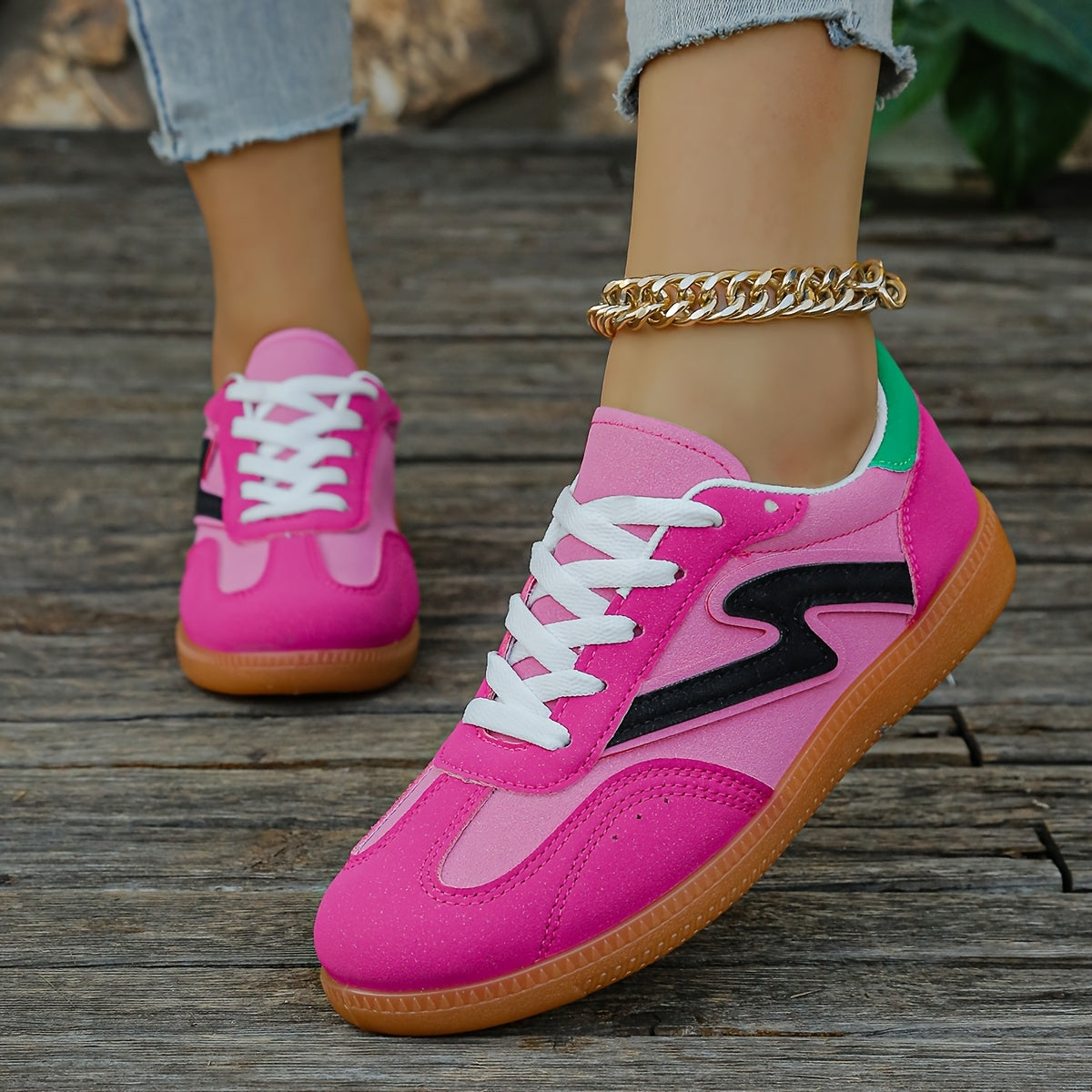 Women's Lightweight Slip-Resistant Casual Sneakers - Vibrant Pink & Black Synthetic Cover Low-Top Shoes with TPR Sole, Breathable Fabric Lining & All-Season Comfort for Casual Attire, Allseason Shoes | Sporty Look | Breathabl