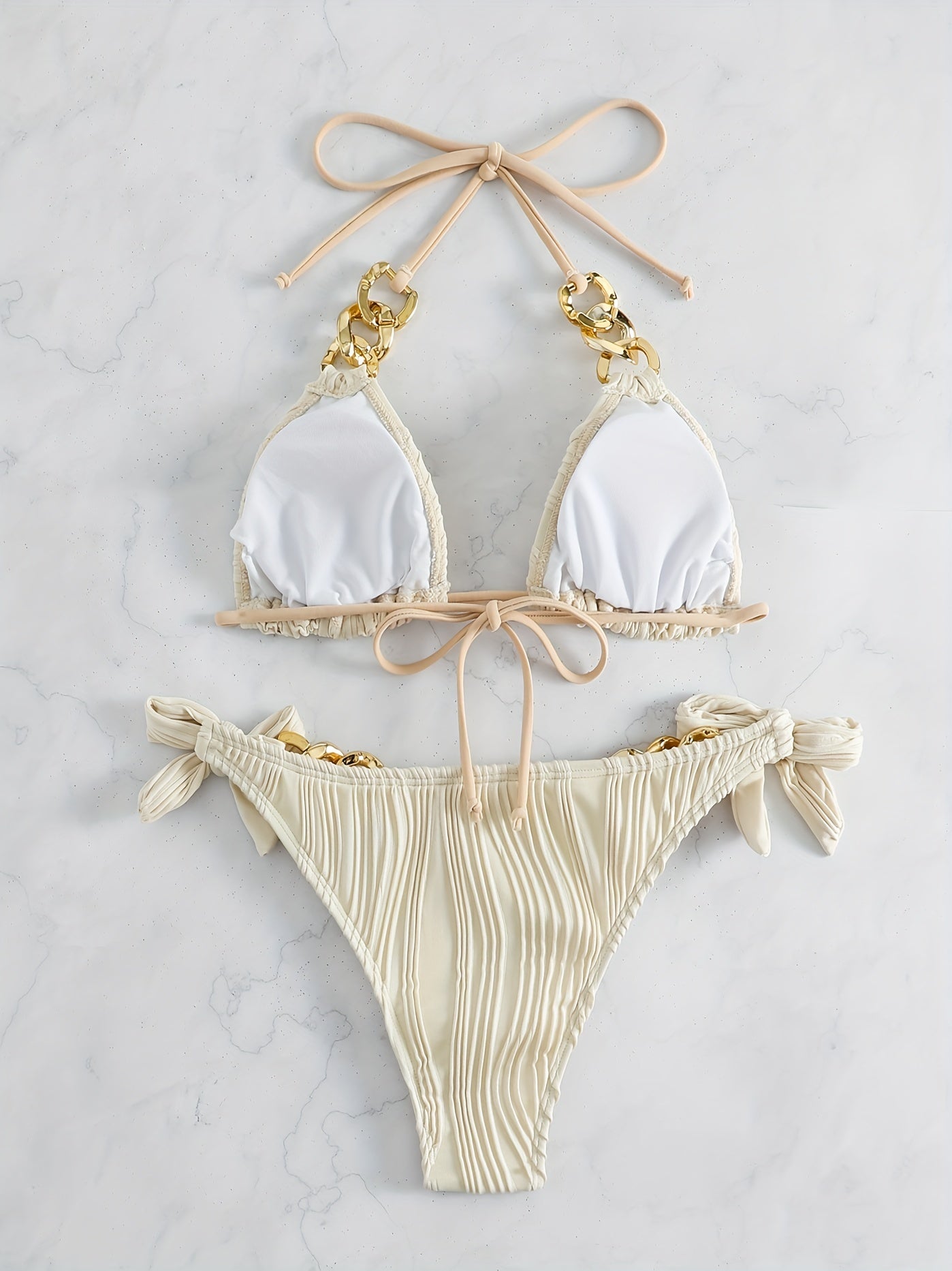 Stripes Ruched Texture Golden Chain Ring Link Halter 2 Piece Set Bikini, Bow Tie Side Triangle Halter Tie Neck Stretchy Swimsuit For Beach Pool Bathing, Women's Swimwear & Clothing