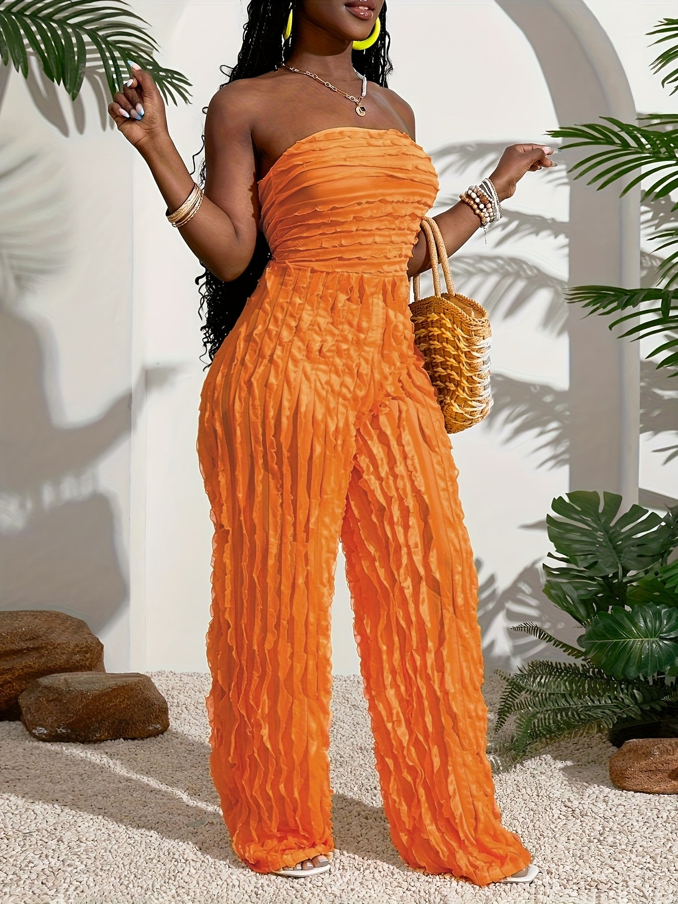 Women's Stylish Off-Shoulder Ruched Jumpsuit - Bright Yellow, Casual Summer Outfit, Machine Washable, Loose Fit with Gathered Detail, Perfect for Beach or Tropical Getaways, Beach Outfit | Wideleg Pants | Gathered Detailing,