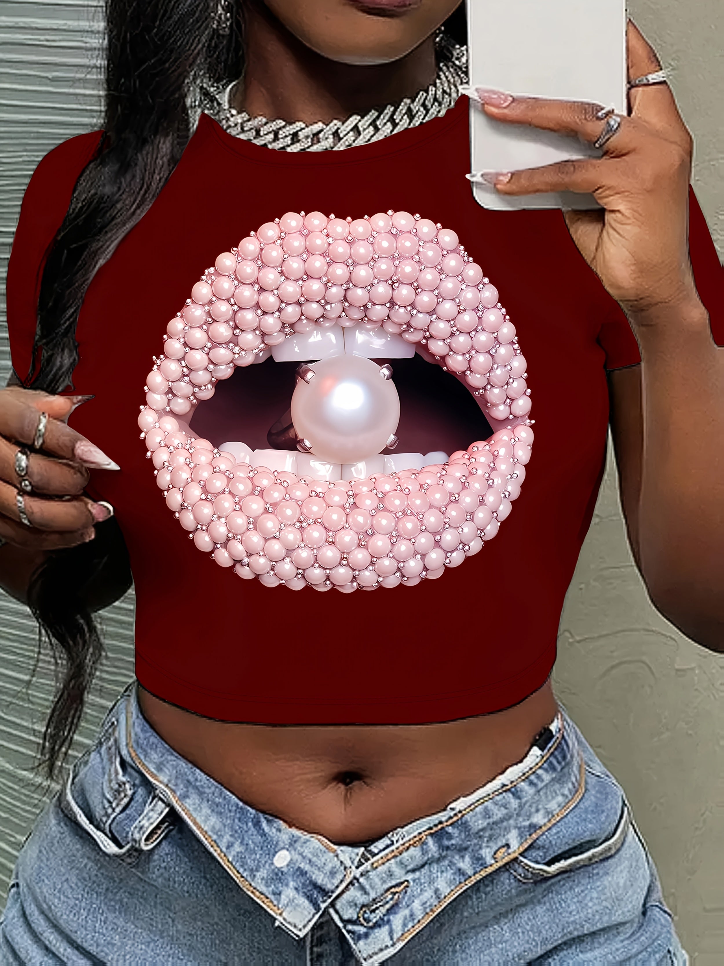 Y2K Short Sleeve Crew Neck Polyester Knit Fabric Medium Stretch T-Shirt, Regular Length, All Season, with Lips & Pearl Pattern, for Women
