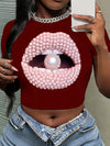 Y2K Short Sleeve Crew Neck Polyester Knit Fabric Medium Stretch T-Shirt, Regular Length, All Season, with Lips & Pearl Pattern, for Women