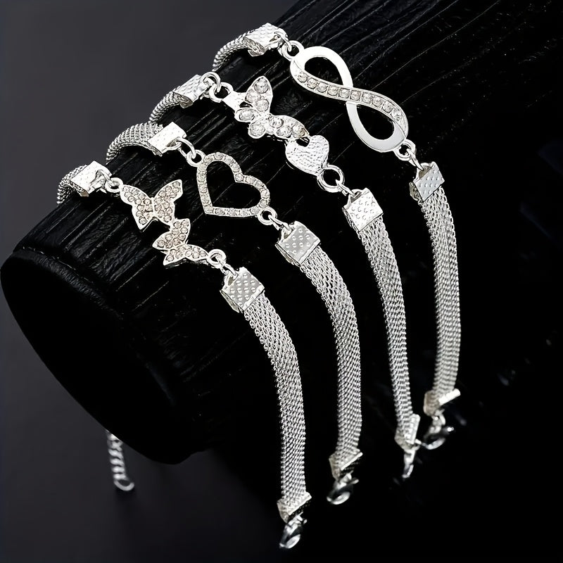 Set of 4- Elegant And Shiny Stackable Ankle Chains, Synthetic Zirconia Ankle Chains Plated with Butterflies And Hearts, Multifunctional Daily Jewelry Gifts