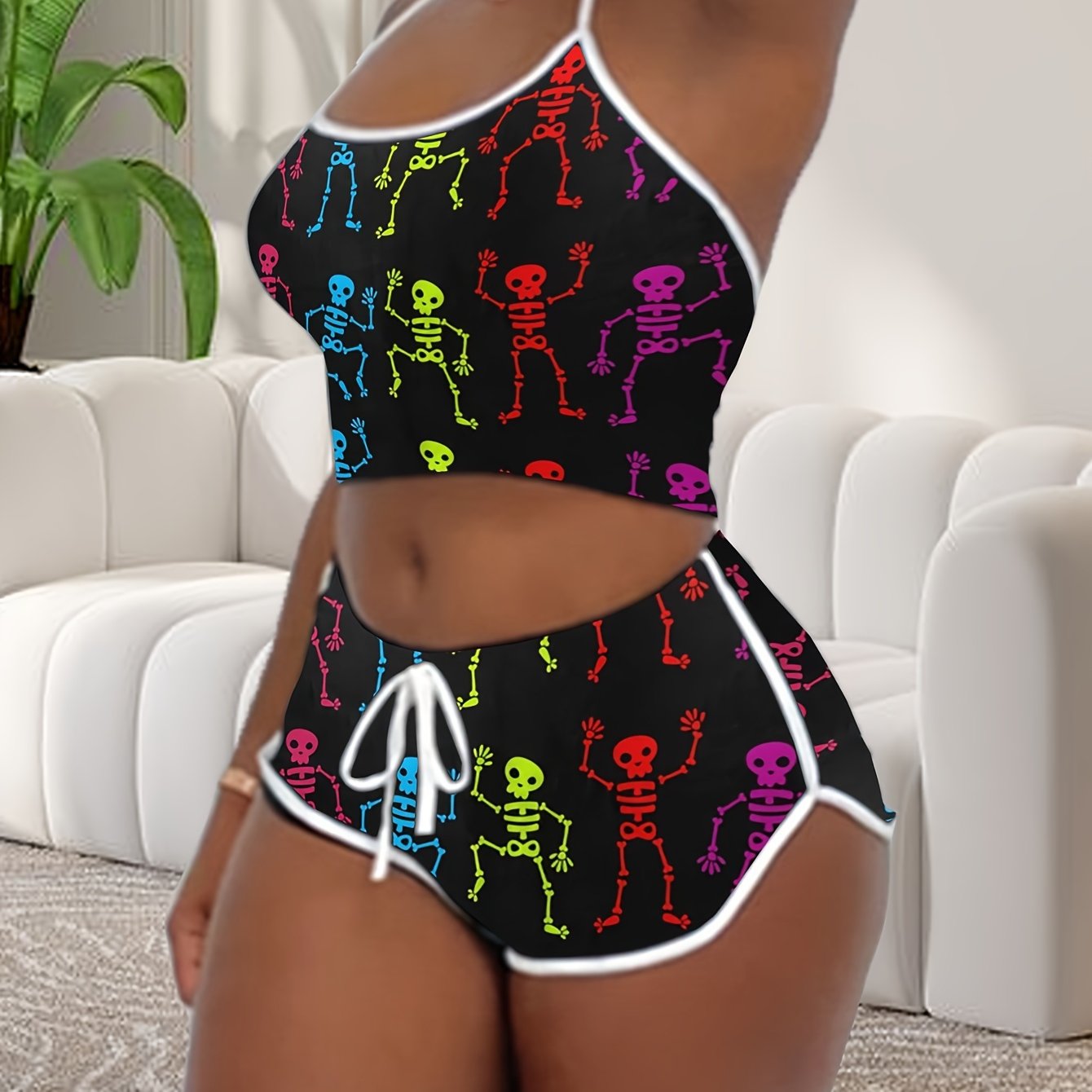 Sexy Solid Binding Lounge Set, Halter Neck Backless Crop Cami Top & Elastic Shorts - Women's Loungewear & Sleepwear - For Women - Perfect for Relaxing at Home - Ideal Gift for Her