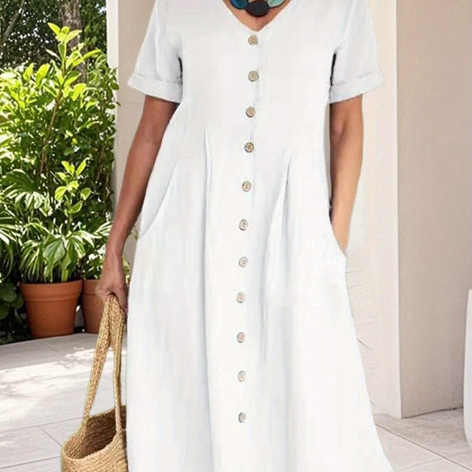 Ladies' Summer Casual Button Mini Dress, Pleated Short-Sleeved Solid Color Loose High-Waisted And Linen Dress