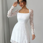 Elegant White Lace A-Line Dress with Long Sleeves - Perfect for Weddings, Parties, and Formal Events, Formal Attire|Elegant Aline Dress|Lace Fabric