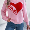 Cozy Love Heart Long Sleeve Pullover Sweater – Acrylic Knit, Geometric & Letter Pattern, Casual Vacation Style for Fall/Winter