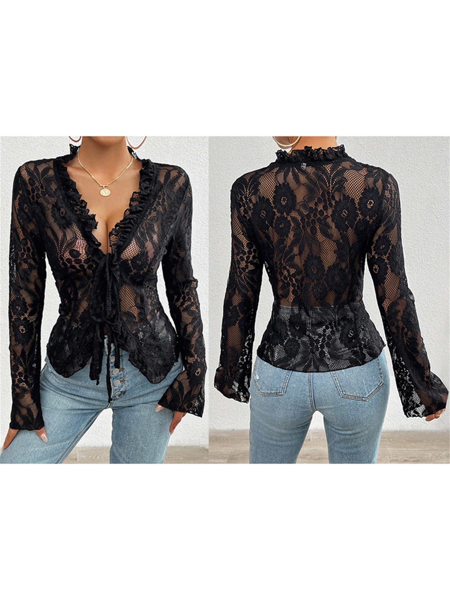 Women's Sheer Blue Lace Tie-Front Blouse - Long Sleeve V-Neck Floral Top for Casual & Clubwear, High Stretch Polyester Fabric, Elegant Ruffled Detailing, Casual Clubwear | Floral Lace Design | Intricate Lace Texture