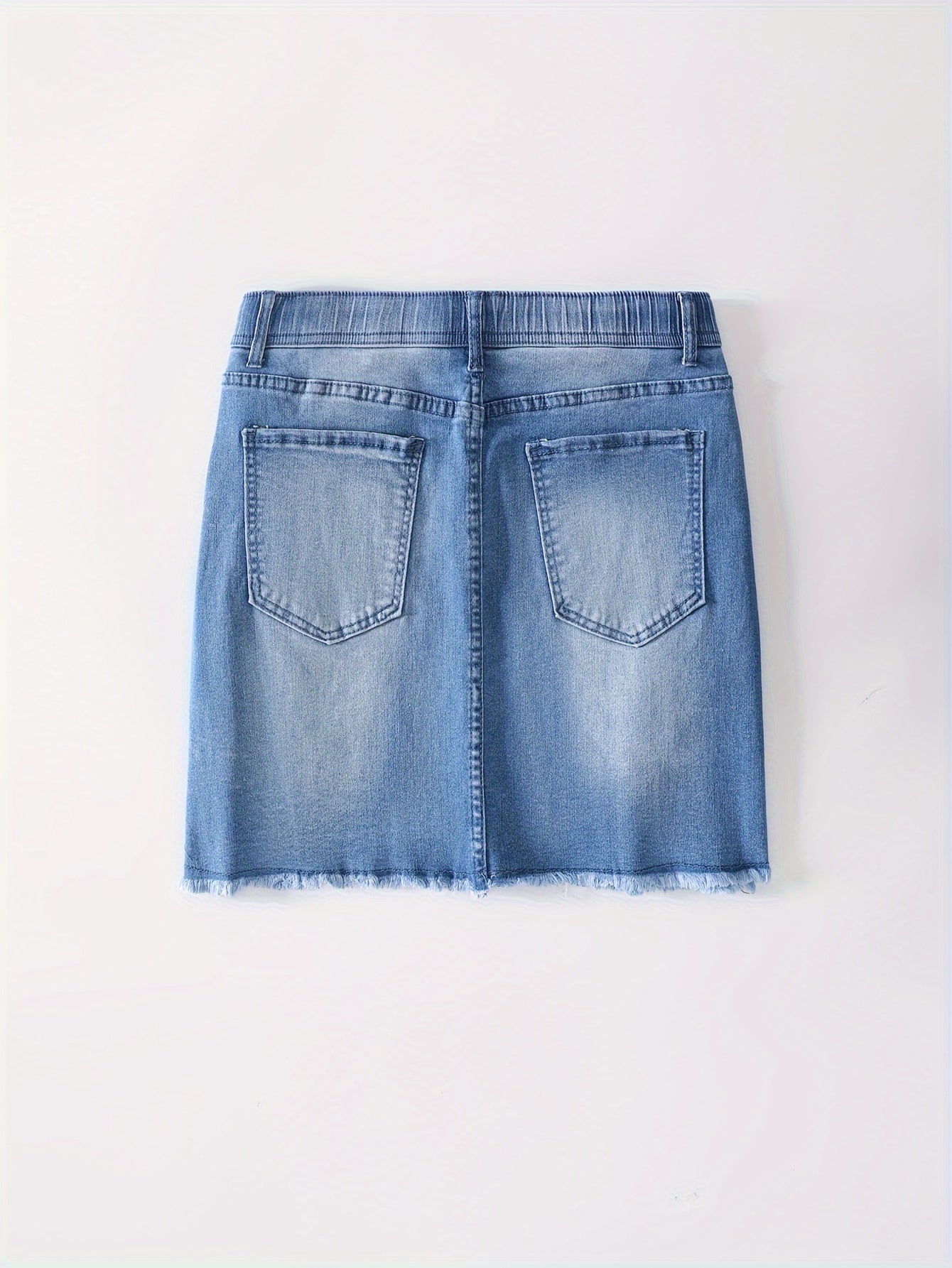 Women'S Bodycon Denim Short Skirt, Casual Ripped Distressed Design, Medium Stretch, Drawstring Waist, Solid Color, Woven Fabric, 320g/m² Lining Weight, for Spring/Summer/Fall
