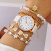 1pc Women'S Boho Round Analog-Digital Quartz Watch, Faux Leather Strap with Flower Details, Non- Alloy Case, Button Battery (Diameter <20mm), with 4pcs Holiday Daisy Bracelet Watch Set for Women