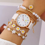 1pc Women'S Boho Round Analog-Digital Quartz Watch, Faux Leather Strap with Flower Details, Non- Alloy Case, Button Battery (Diameter <20mm), with 4pcs Holiday Daisy Bracelet Watch Set for Women