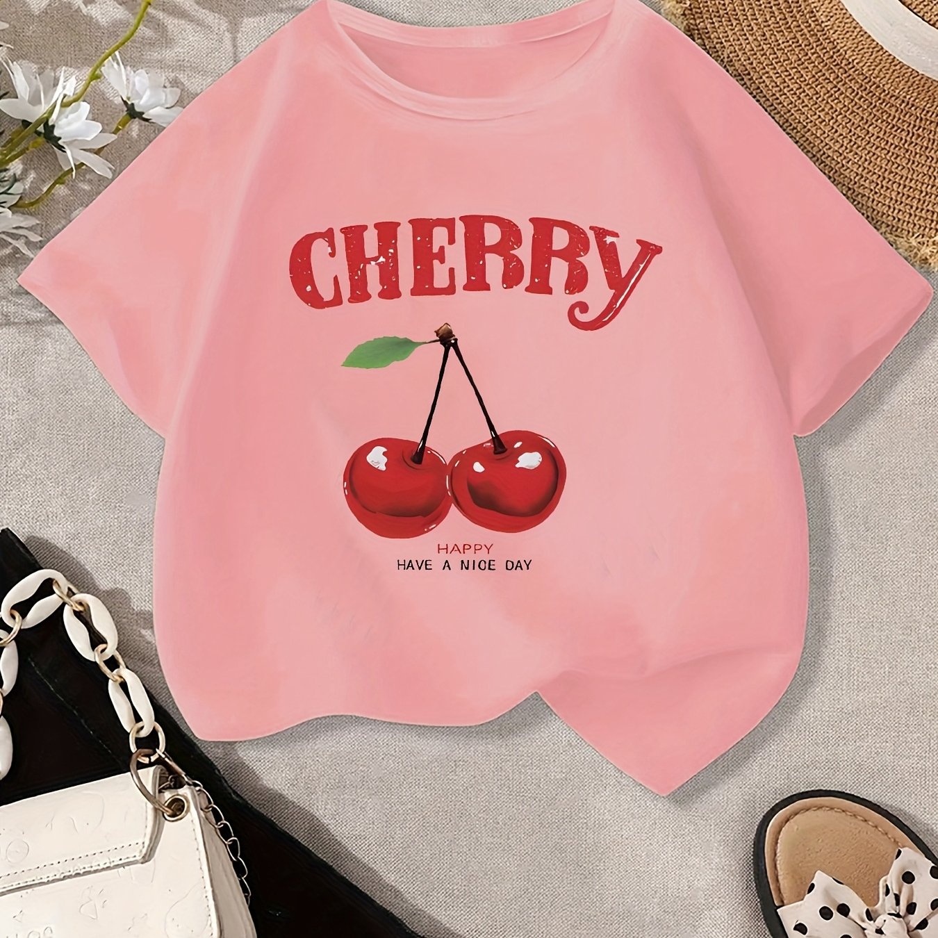 Girls' Cherry Graphic Tee - Soft & Quick-Dry Polyester Blend, Casual Round Neck Short Sleeve T-Shirt with "Have a Nice Day" Print, Perfect for Spring/Summer Outings, Girls Tshirts