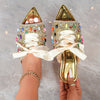 Women's Golden Glitter Rhinestone Flat Sandals with Pointed Toe & Bowknot - Colorful Gemstone Design, Comfortable PVC Upper & TPR Sole for Travel & Outdoor Wear, Travel Sandals | Occasion Shoes | Rhinestone Embellishments, La