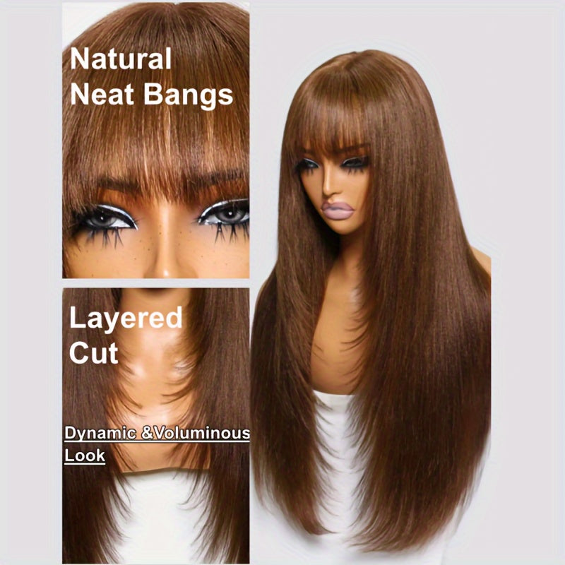KLAIYI #4 Brown Yaki Straight Human Hair Wig with Bangs & Layered Cut - 100% Brazilian Virgin Human Hair, 150% Density Glueless HD Lace Front, Middle Part, 22.5" Cap Size, Tangle-Free, No Shedding, Air-Dry Friendly for Women