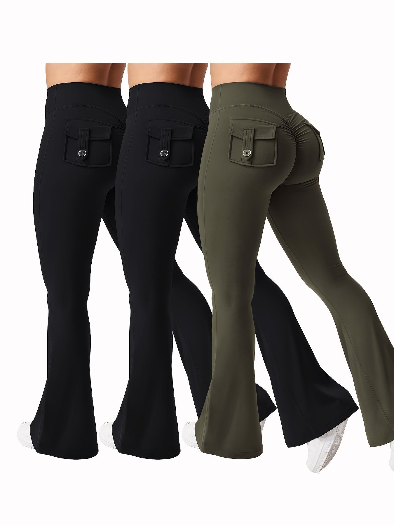 3pcs Women's High Elasticity Yoga Pants with Pockets - Soft Flared Leg Workwear-Style Fitness Pants, Elastic Waistband Tight-Fit Butt-Lifting for Running, Gym & Casual Wear (Black/Grey/Brown), Running Attire | Highwaisted Fla