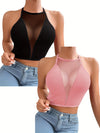 2pcs Elegant Mesh Halter Tank Tops for Women - Sleeveless, Backless with Cross-Neck Straps, Ribbed Texture, Versatile Wear as Casual or Layered, Machine Washable, Nylon & Elastane Blend, in Black & Pink