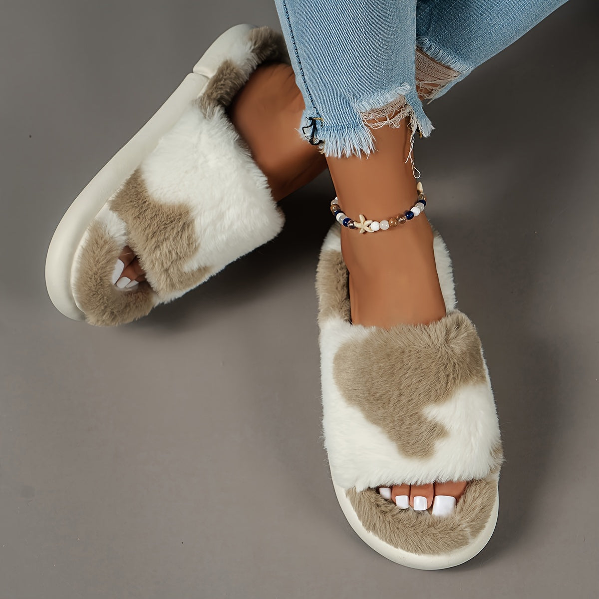 [Cozy Furry Slippers] Comfy Fluffy Furry House Slippers - Single Band Open Toe Platform Fuzzy Shoes - Cozy Warm Home Slippers