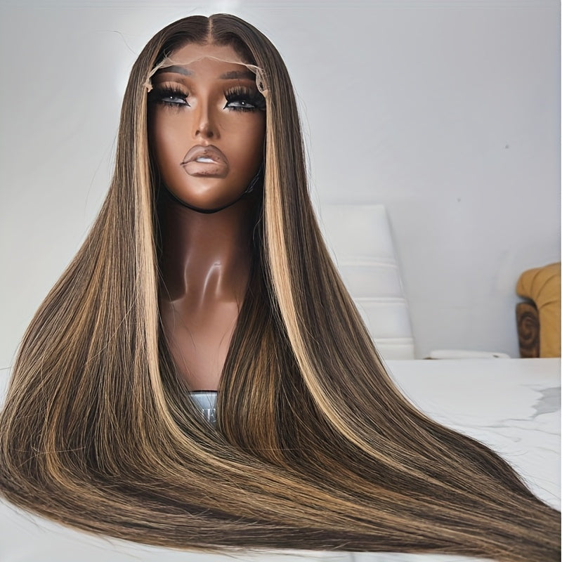 13X4 Highlight Lace Front Wigs 200% Density Balayage Long Straight Wigs Pre Plucked Glueless Brown Lace Front Wigs For Fashion Women Girls Party Vacation Daily Used Valentine'S Day 28inch