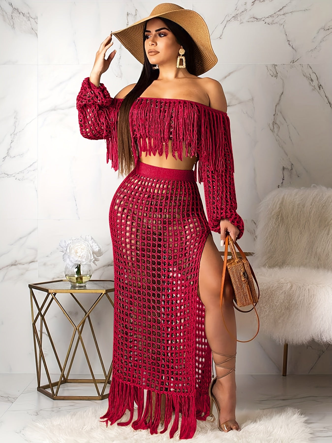 Tassel Trim Hollow Out Sexy Set - Crop Off Shoulder Long Sleeve Top & High Slit High Waist Maxi Skirt - Women's Clothing - For Women - Perfect for Parties & Night Out - Ideal Gift for Her