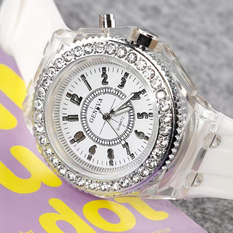 Glow-in-the-Dark LED Trendy Couple'S Watch with Crystal Embellishments, Silicone Strap, and Luminous Display - Perfect for Casual Attire, Casual Watch|Glamorous Timepiece|Polycarbonate Case