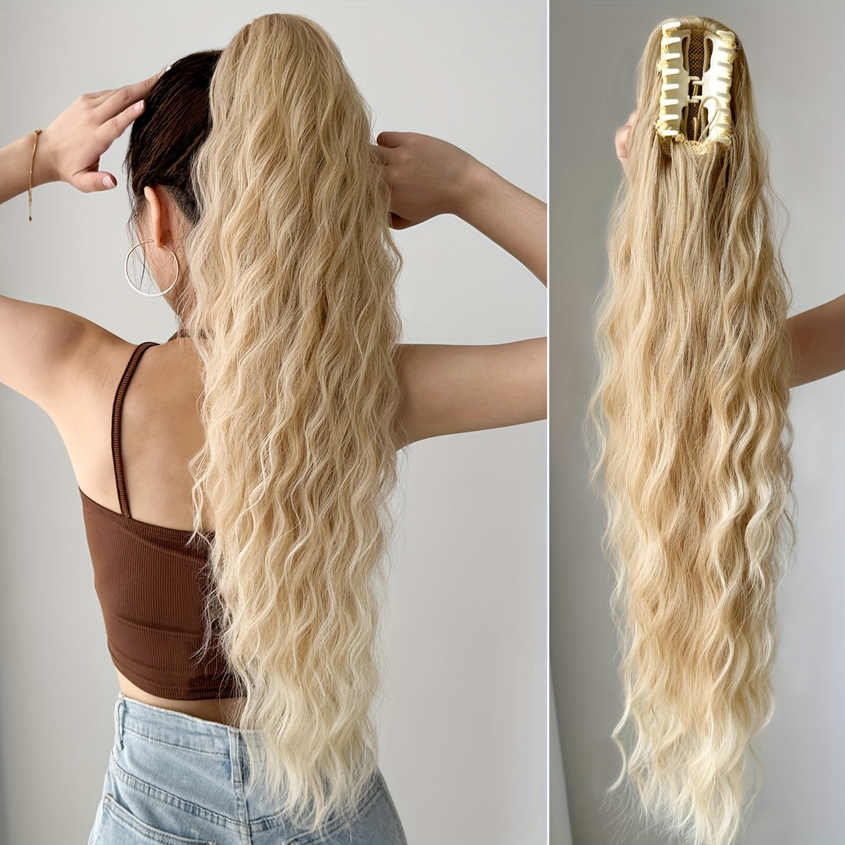 YUSULAXI Women'S 28-Inch Brown Wavy Ponytail Extension, High Temperature Fiber Clip-In Tailpiece, Synthetic Hairpiece for Ladies