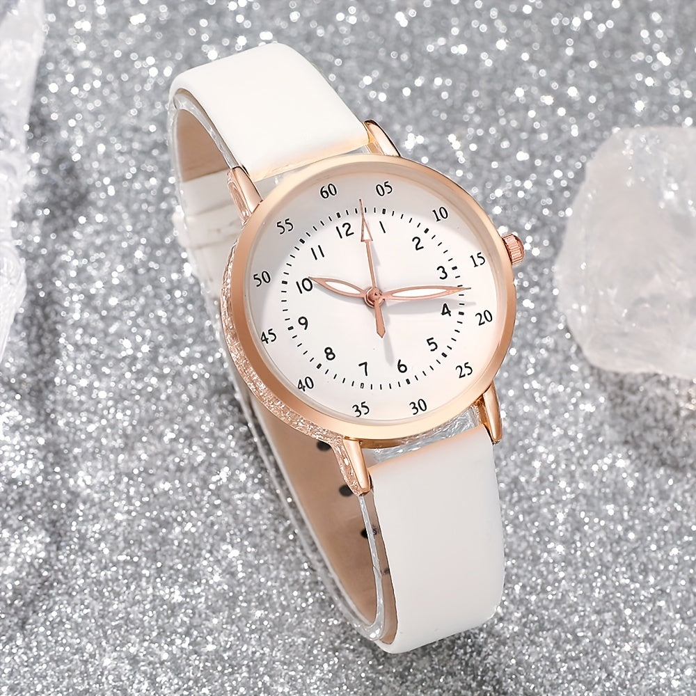 5pcs Elegant Women's Quartz Watch & Pearl Jewelry Set - Rose Golden Case, White Faux Leather Strap, Zinc Alloy - Includes Bracelets & Necklace - Perfect Gift for Valentine's, Easter, Birthdays, Christmas