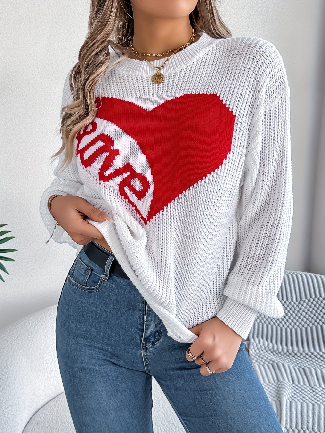 Cozy Love Heart Long Sleeve Pullover Sweater - Casual Vacation Style, 100% Acrylic, Round Neck, Non-Transparent with Geometric/Letter Pattern, Perfect for Fall/Winter