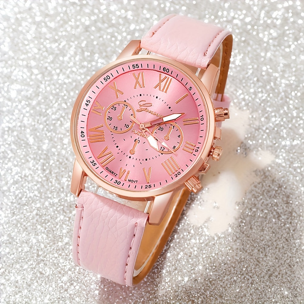 5pcs/Set Elegant College Style Women's Quartz Watch Set, PU Leather Strap Watch+Jewelry Set, Suitable for Daily Use or Gift Giving, Suitable for Wearing Throughout the Year
