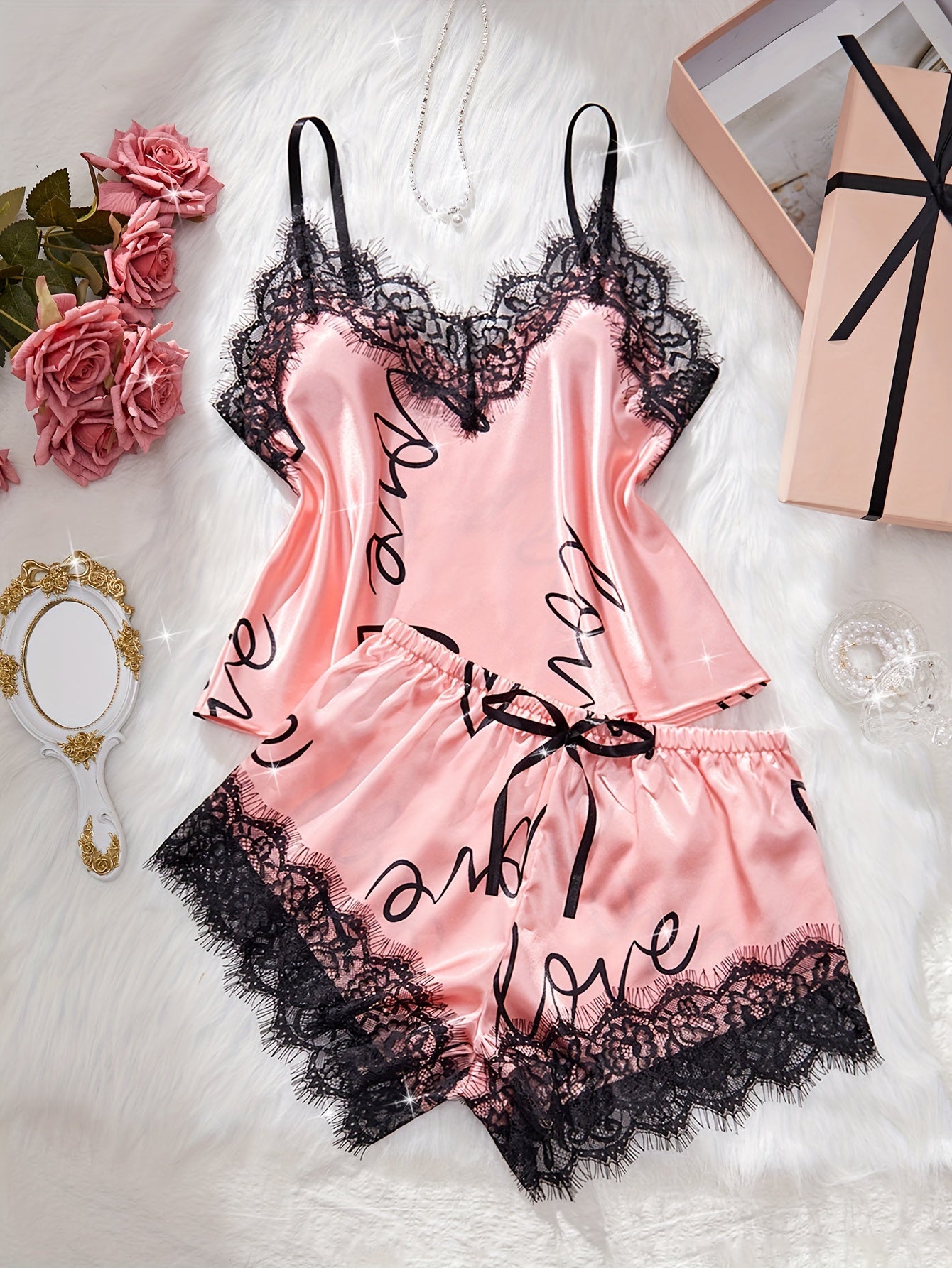 Women's Heart & Letter Print Lace Trim Elegant Satin Pajama Set, V Neck Backless Cami Top & Shorts, Comfortable Relaxed Fit, Summer Nightwear