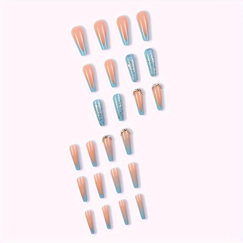 24pcs Glossy Long Ballerina Press On Nails, Pinkish And Blue French Tip Fake Nails with Rhinestone Design, Reusable False Nails for Women Girls