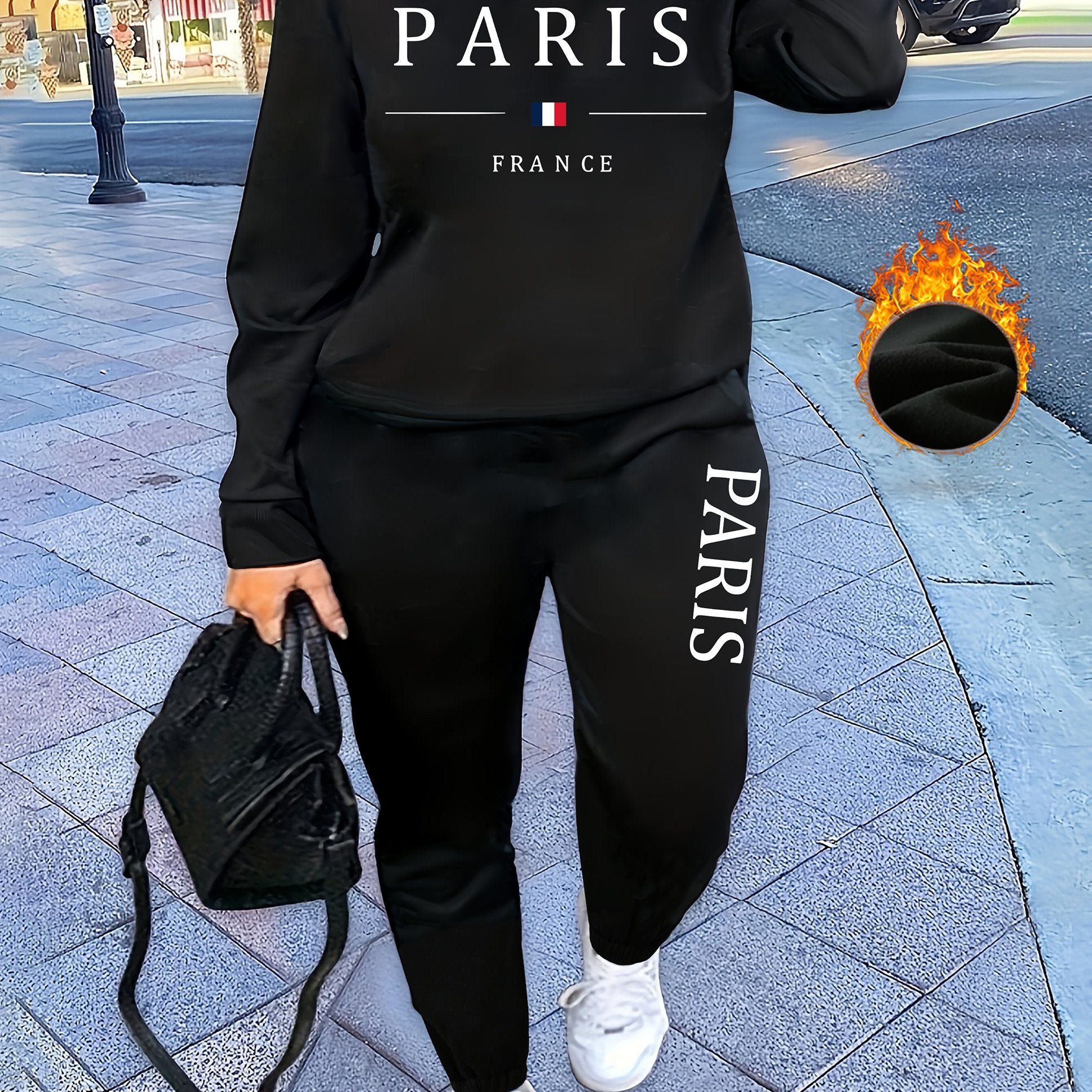 [Soft Texture] Women's Parisian Chic Letter Print Two-Piece Set - Cozy Gray Crew Neck Sweatshirt & Pants, 100% Polyester, Machine Washable, All-Season Comfort, Allseason Outfit|Parisian Chic Style|Cozy Material