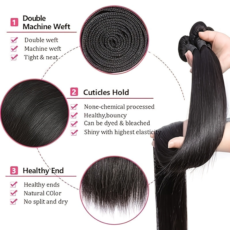 Human Hair Straight Human Hair Bundles With Human Hair 13*4 Lace Frontal Closure 100% Unprocessed Brazilian Virgin Human Hair Bundles With Straight Human Hair Closure Natural Black Elegant Fashion For Black Women