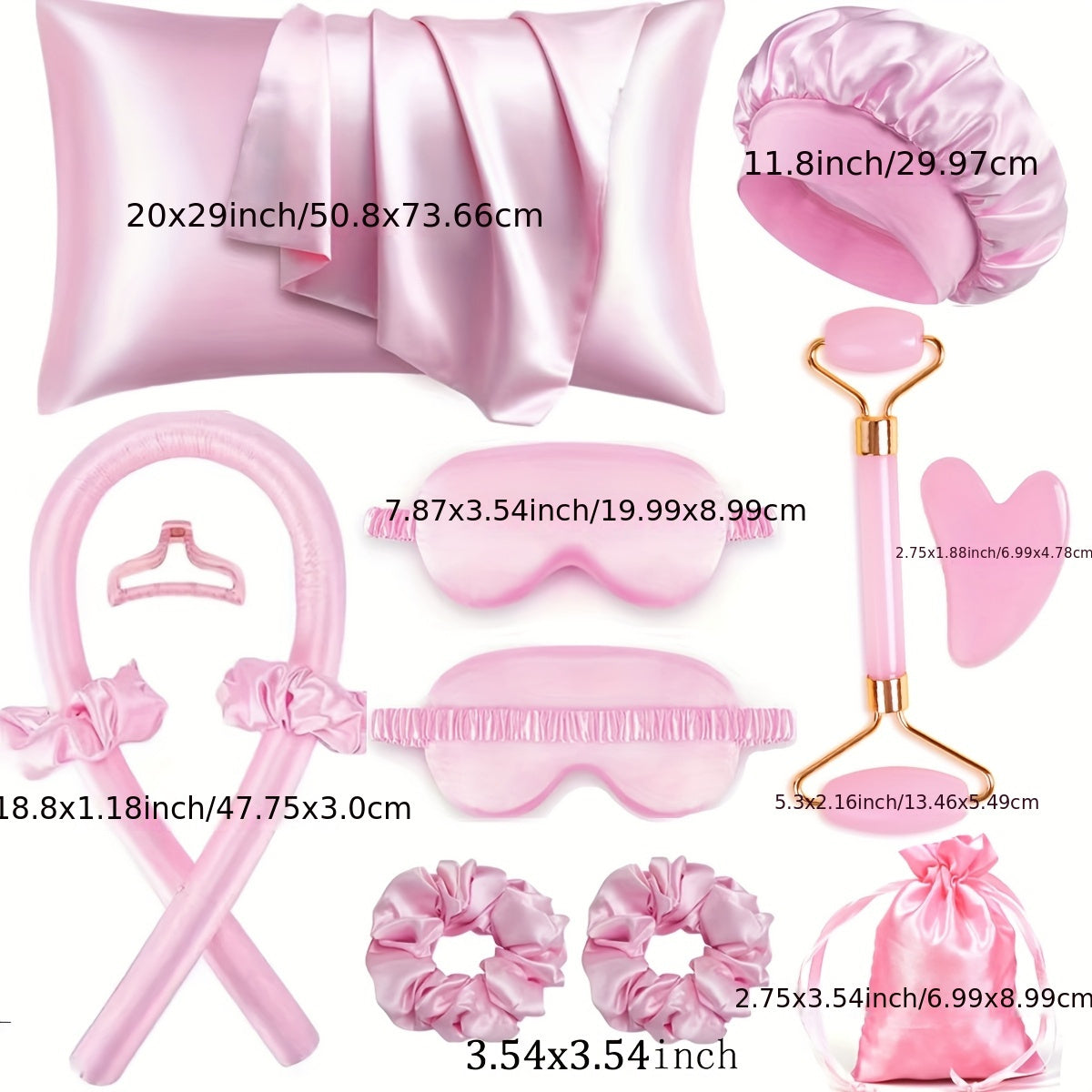 12-Piece Satin Heatless Curling & Sleep Beauty Set – Overnight Hair Rollers, Face Massager, Satin Pillowcase, Eye Mask & More for Healthy Hair and Glowing Skin