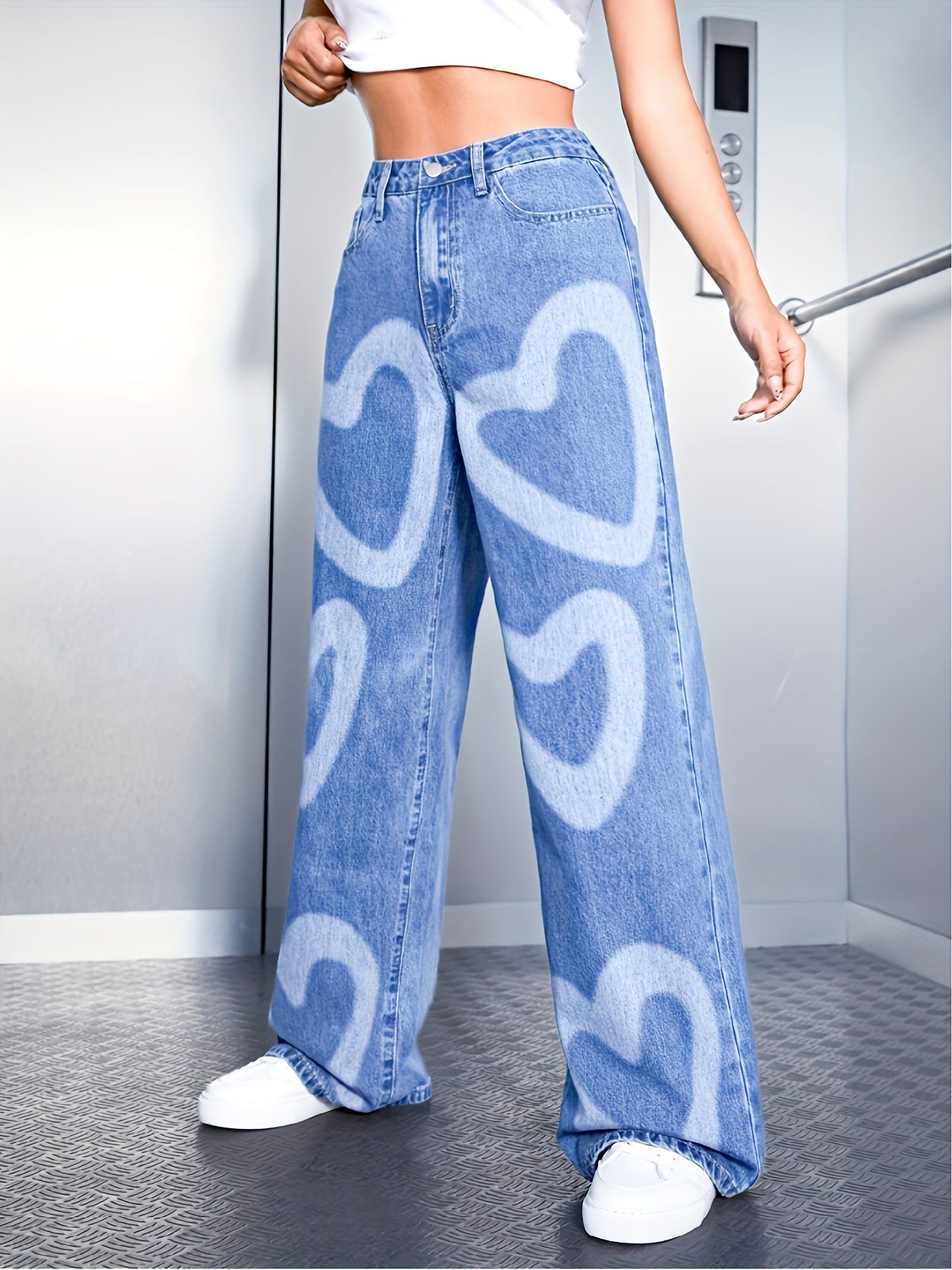 Women's High-Waisted Wide Leg Denim Jeans with Heart Print - Light Blue Casual Loose Fit Pants, Cotton, Long Length, Perfect for Casual Attire