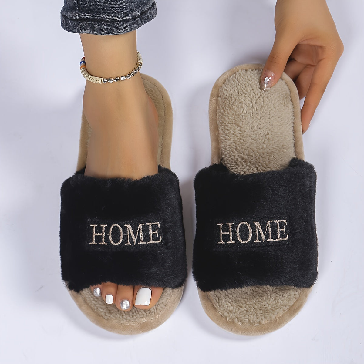 Women's Cozy Plush Home Slippers, White with "HOME" Embroidery, Soft Faux Furry Indoor Footwear, Comfortable All-Season Slip-Ons
