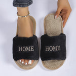 Women's Cozy Plush Home Slippers, White with "HOME" Embroidery, Soft Faux Furry Indoor Footwear, Comfortable All-Season Slip-Ons