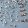 100pcs Mixed Metal Nail Art Charms Set, Alloy Rhinestones, Assorted Designs, Floral, Butterfly, Heart & Star Shapes, Unscented