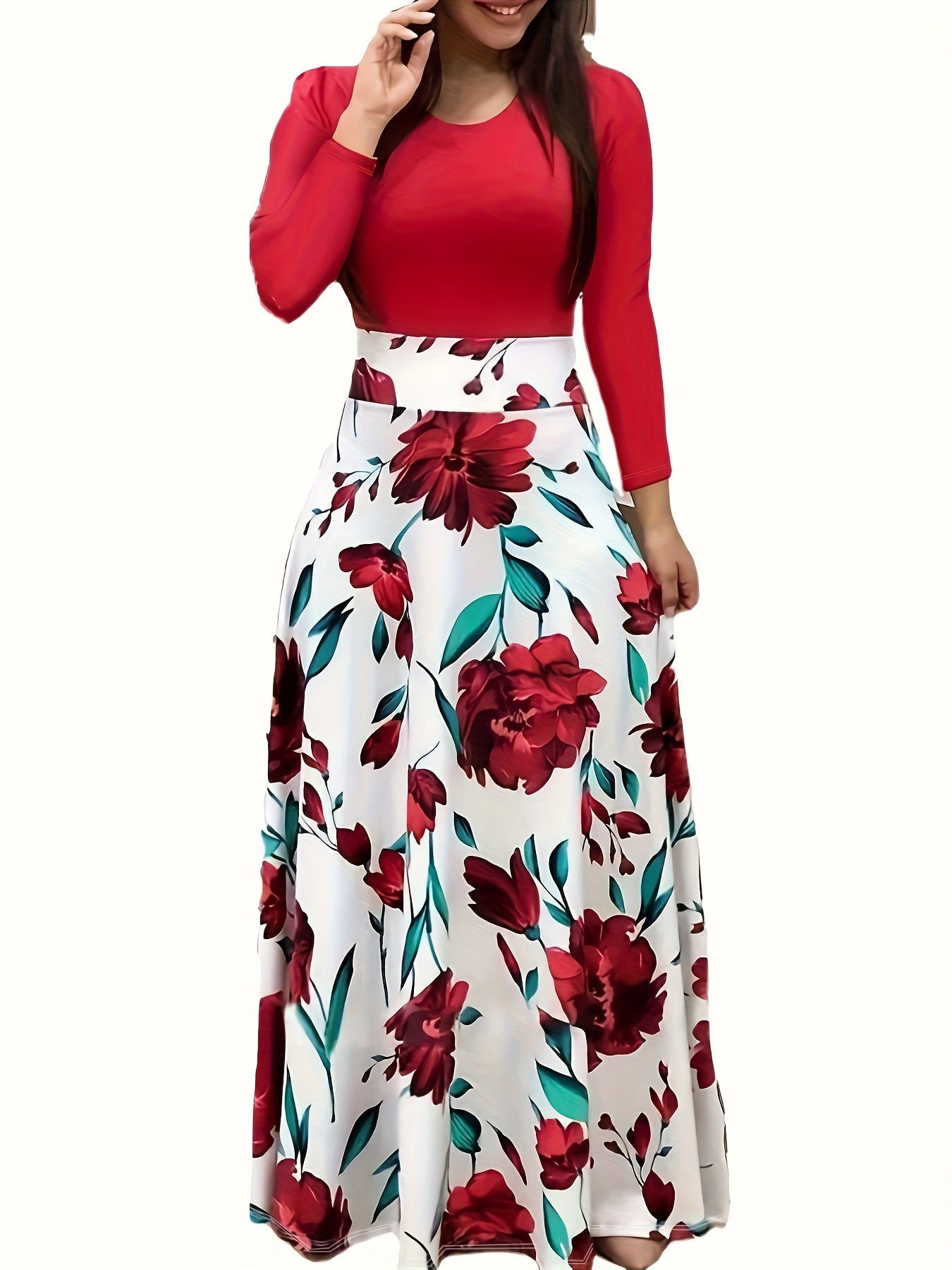 Stunning Floral Print Maxi Dress - Women's Elegant Long Sleeve Crew Neck Splicing Dress for Spring & Fall - Perfect for Various Occasions