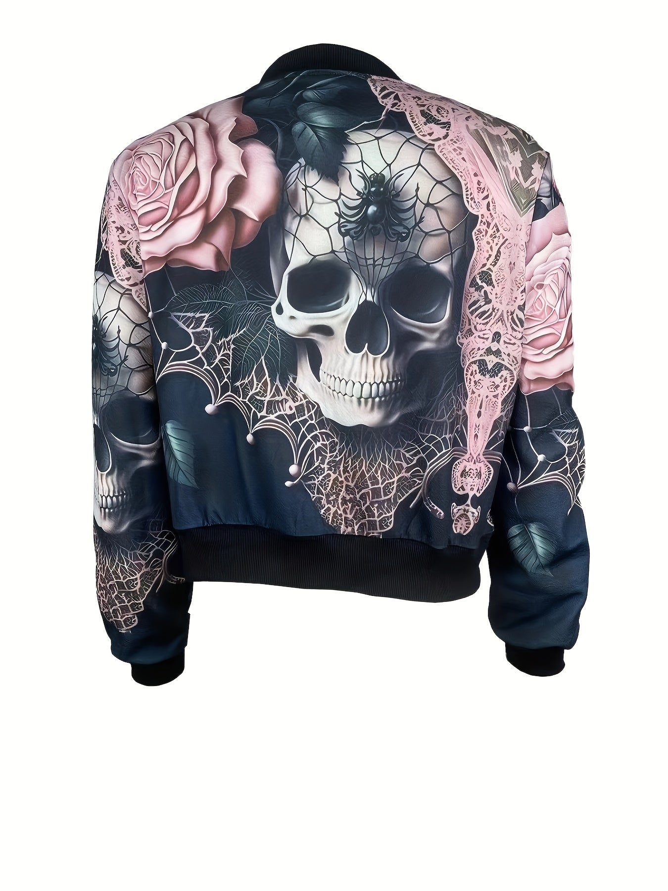 Vibrant Floral & Skull Print Zip-Up Jacket - Long Sleeve, Casual, Spring & Fall Essential, Women's Fashion Clothing with Adjustable Waist and Comfortable Fit