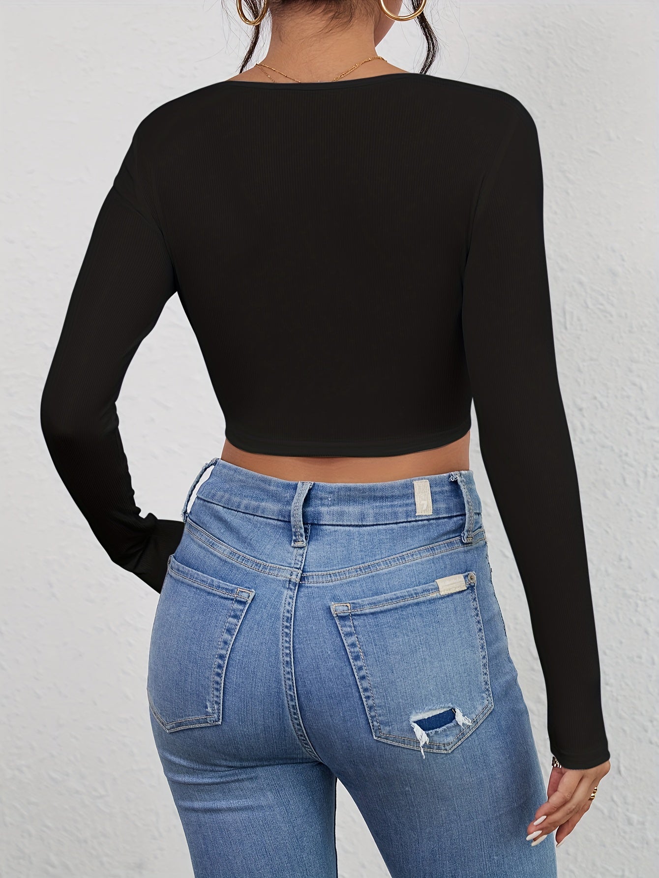 Squared Neck Cropped T-shirt, Casual Long Sleeve Solid T-shirt, Women's Clothing