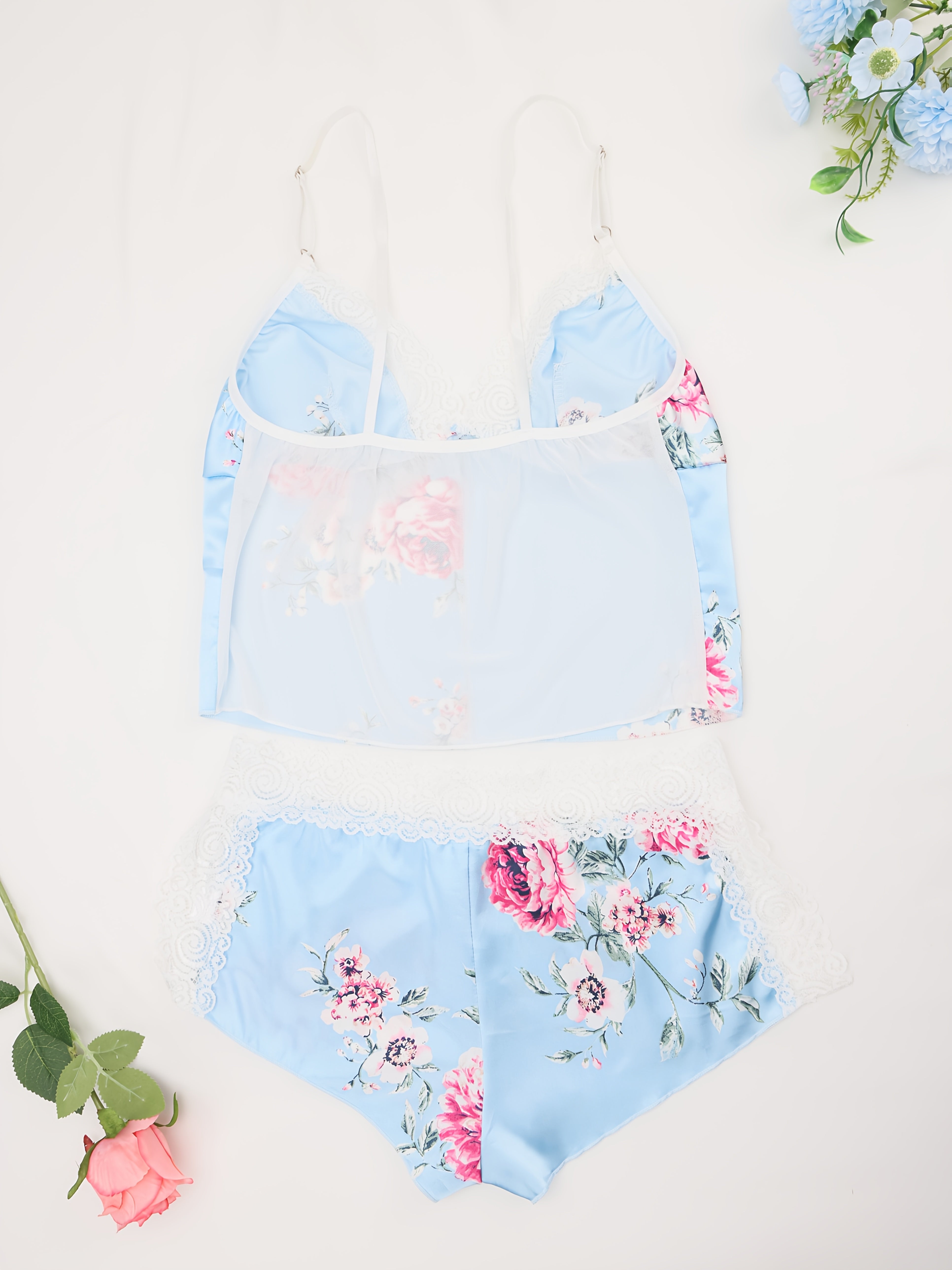 Valentine'S Day Rose Print Satin Lace Patchwork Slit Sexy Pajama Set