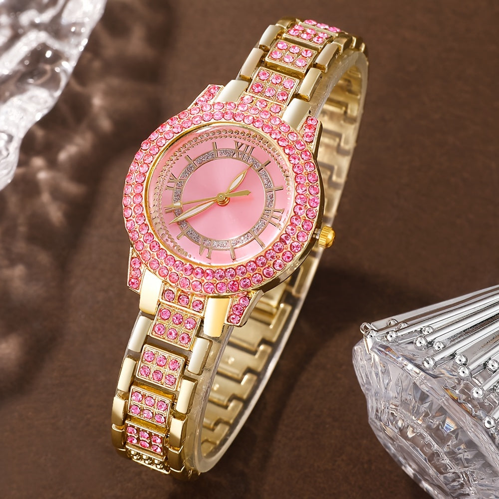 6-Piece Elegant Quartz Wristwatch and Jewelry Set with Round Rhinestone Case, Non-, Zinc Alloy Strap, Classic Simple Dial – Includes Matching Bracelet, Necklace, Earrings, Ring for Special Occasions (Valentine's Day, Easter